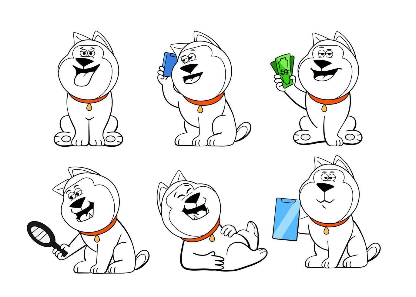Set of emotions and poses of the character dog, laughing, talking on the phone, counting money, exploring, etc. in doodle style. vector