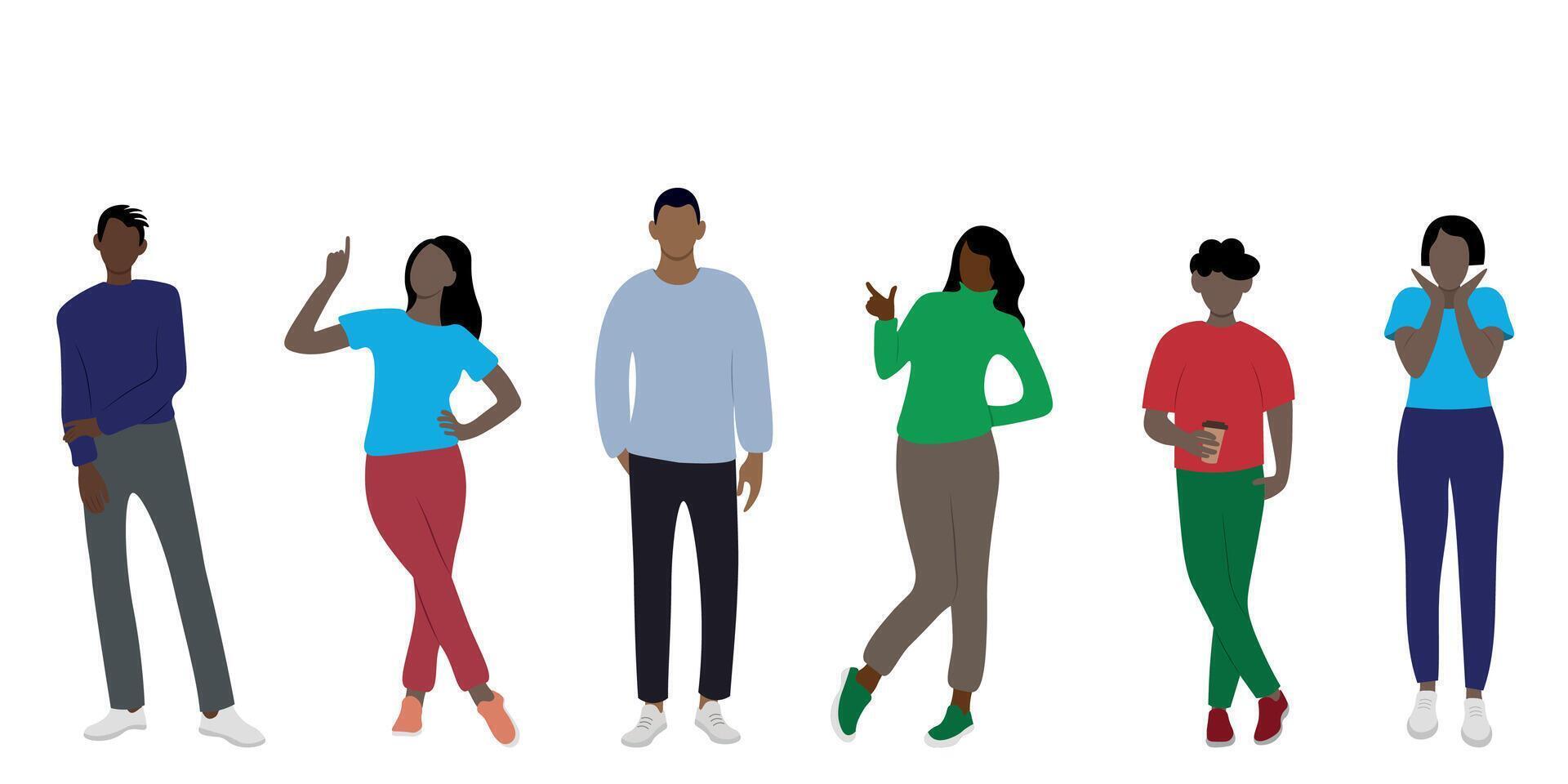 Young cheerful african american people posing, faceless illustration, flat style, isolate on white vector