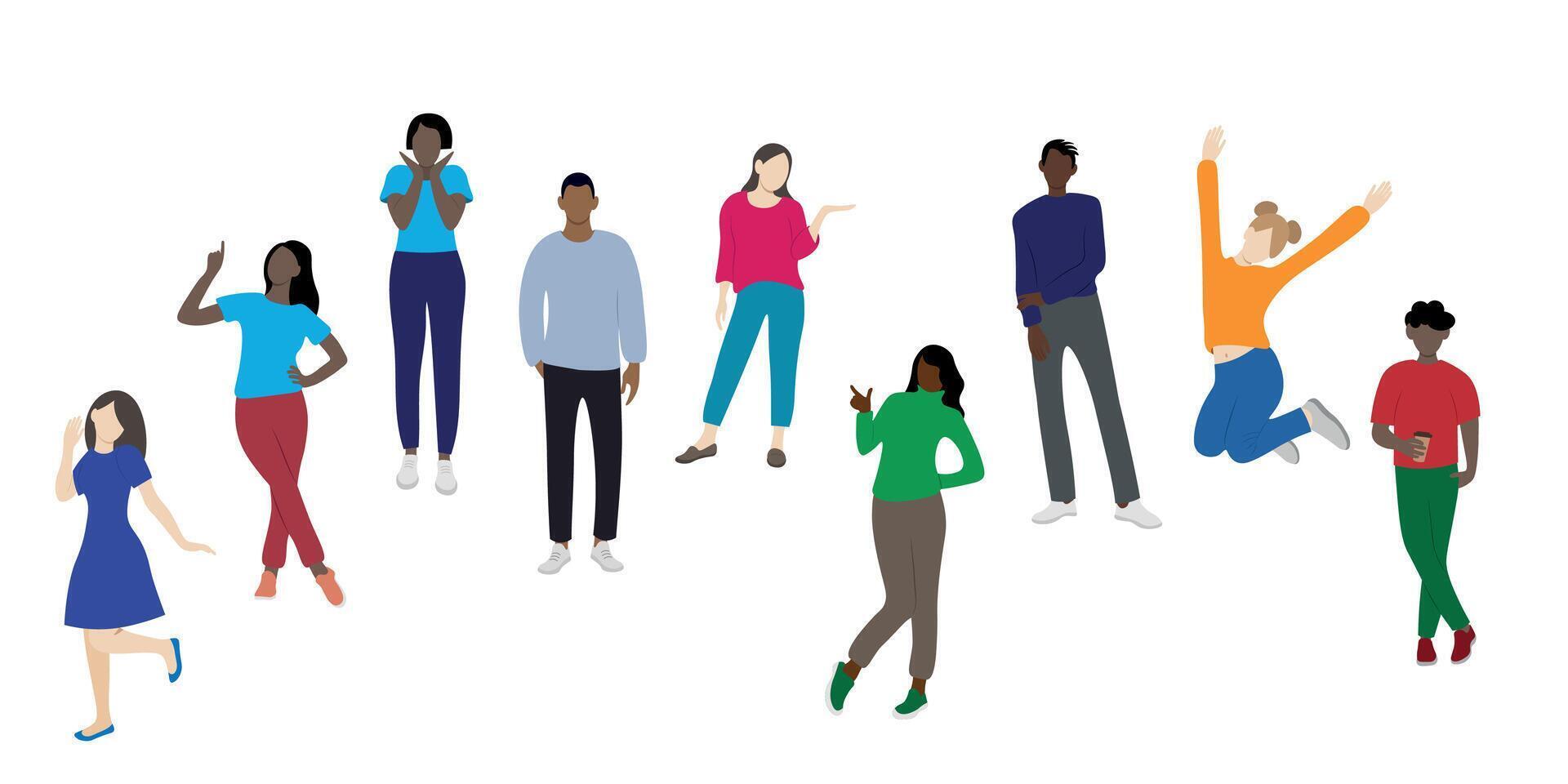 Young cheerful people with different skin colors posing, faceless illustration, flat style, isolate on white vector