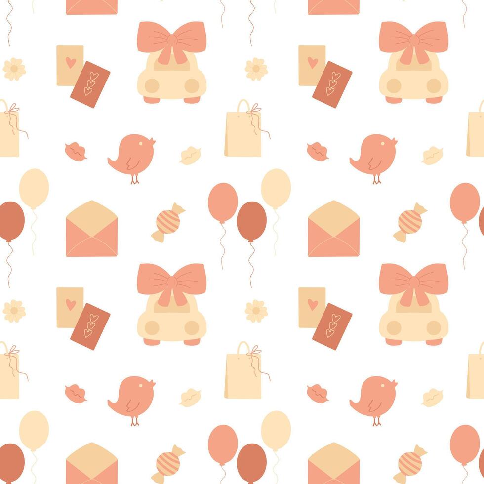 Cute pastel colored seamless pattern, romantic pattern with car with hearts, envelope, balloons, bird vector