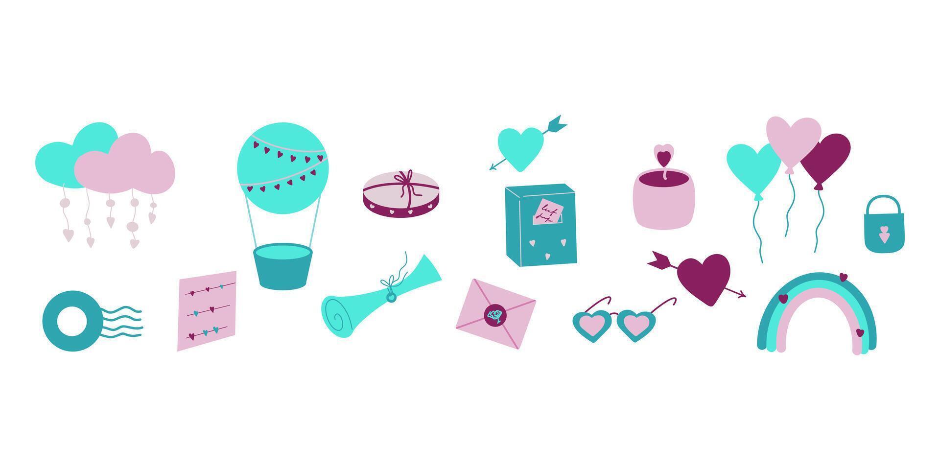 Turquoise and pink love clipart, romantic set, clouds, heart, air balloon, letter, gift box, balloons, ranbow, love illustrations vector
