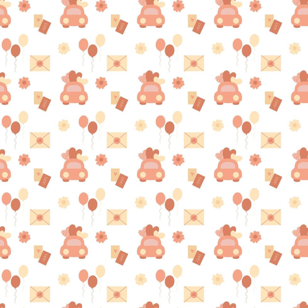 Cute pastel colored seamless pattern, romantic pattern with car with hearts, envelope, balloons vector