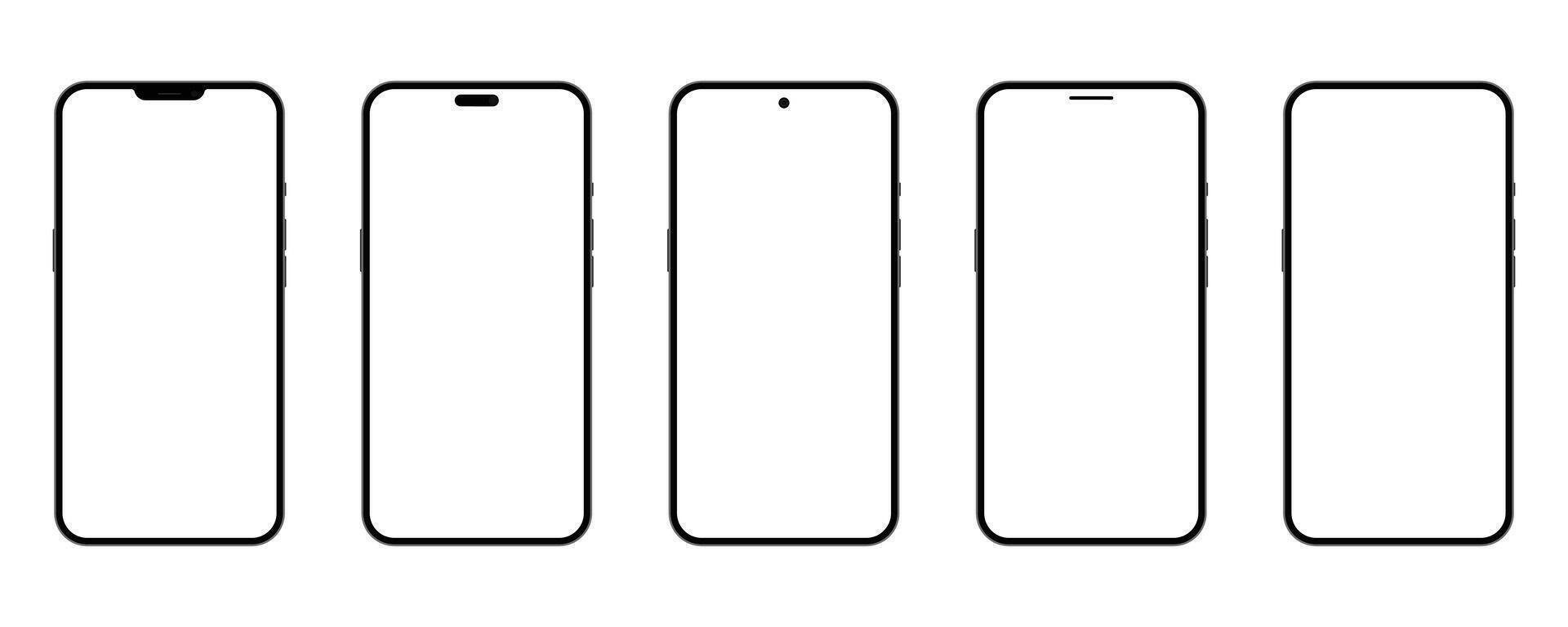 Modern Smartphone Collection Set Notch Bezel Flat Blank Mockup Touchscreen Display Technology Gadget Illustration vector