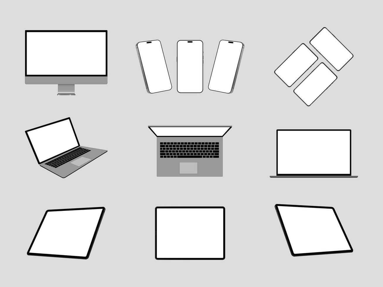 Great Collection Mock-ups of realistic laptops. 3D isometric set device. Side, top view and isometric vector