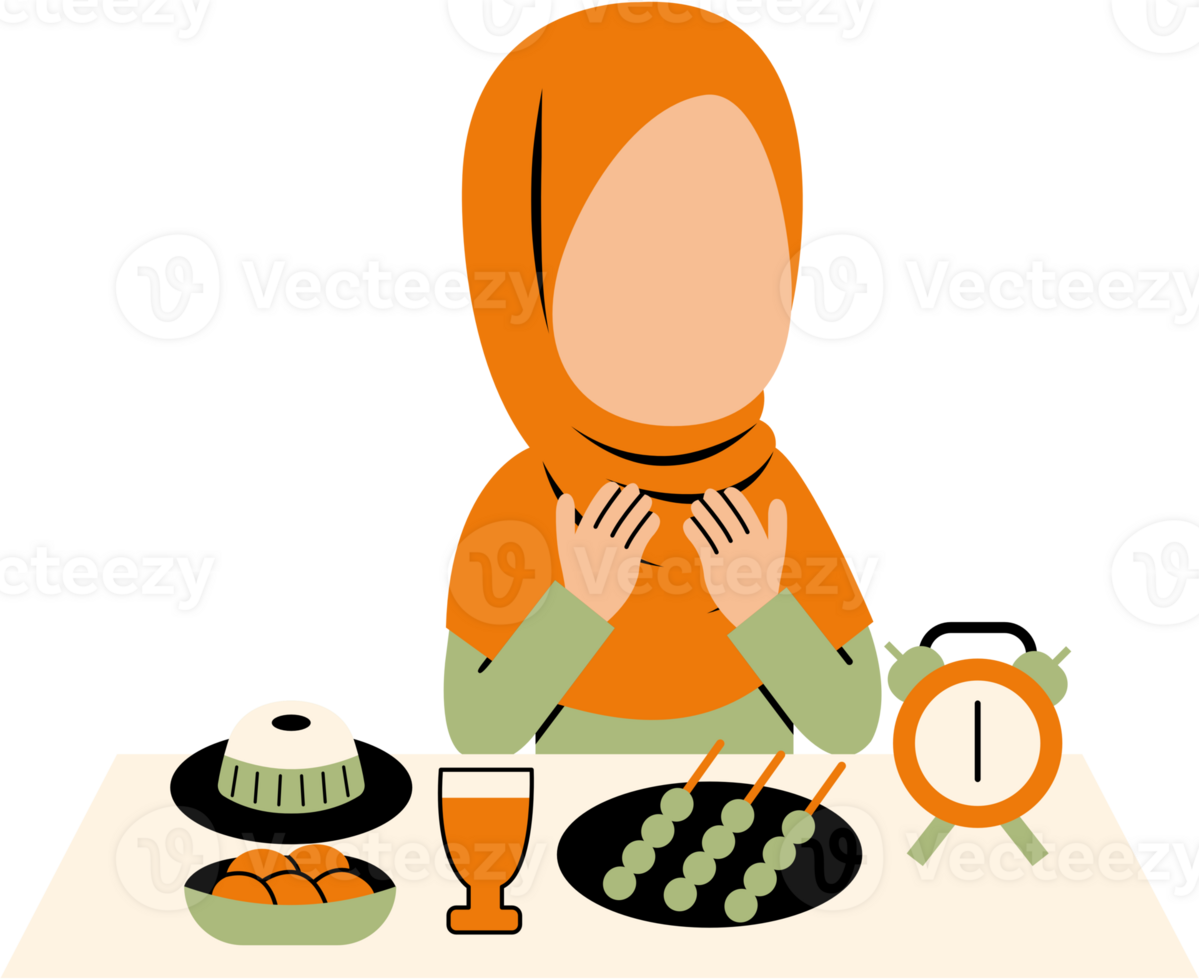 Hijab Girl Praying While Iftar at the table with food and drink png