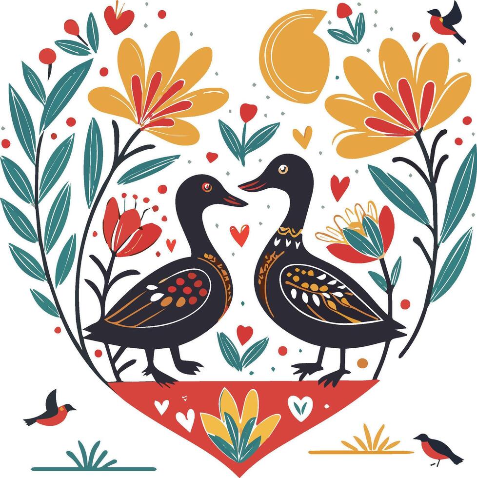 A heart-shaped design filled with vibrant, stylized flowers, plants, and two ducks vector