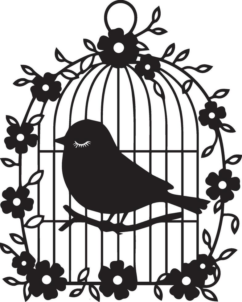 Bird in ornate cage with floral frame. vector