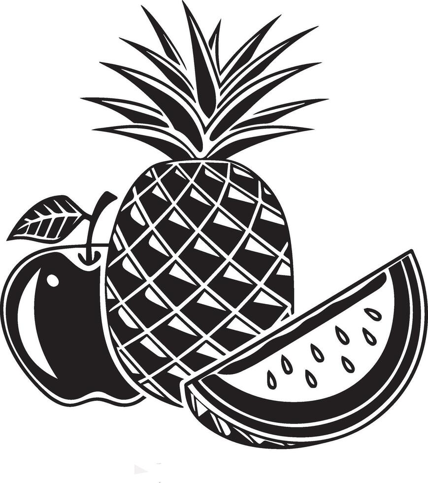 Solid black and white illustration of an apple, pineapple, and a slice of watermelon vector