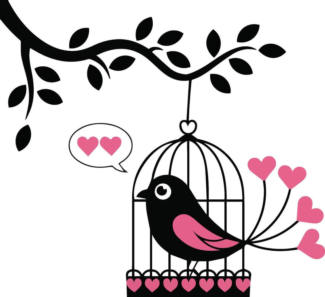 A minimalist illustration of a black bird with pink heart-shaped tail feathers vector