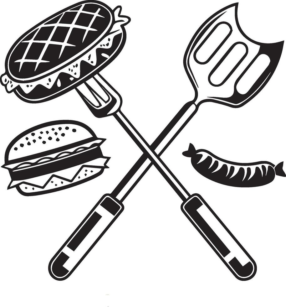 black and white, of crossed cooking utensils and food items vector