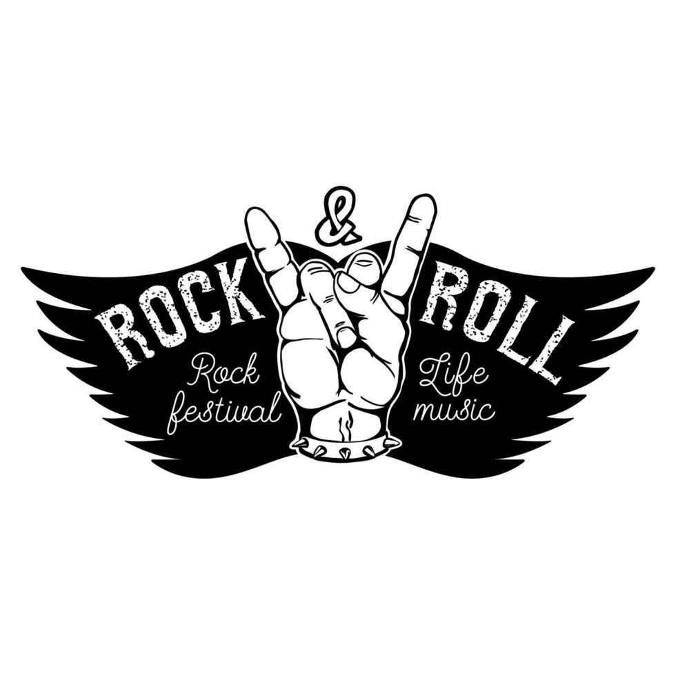 Rock festival. Human hand with rock and roll sign on background with wings. Design element for t-shirt print, poster. illustration. vector