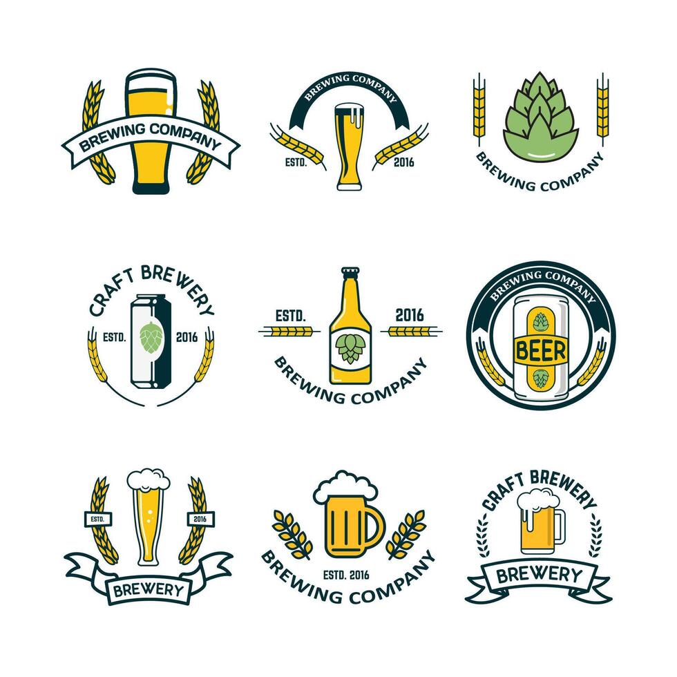 brewery labels and design elements. Beer mugs, bottles, hop, wheat wreath. Design elements for logo, label, emblem, brand mark. illustration. vector