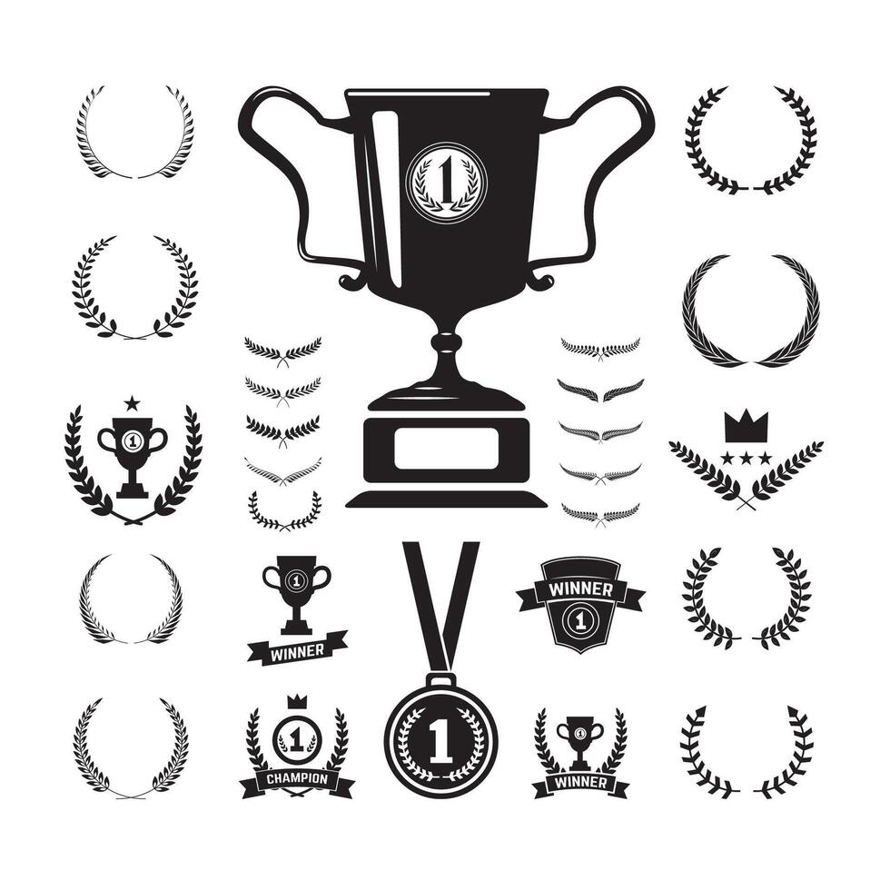 First place medal and labels monochrome icons and design elements. vector