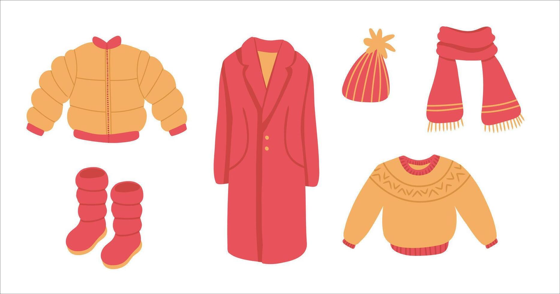 Winter and Autumn Casual Clothes Collection. Sweater, hat, scarf, boots, jacket, coat in minimalistic simple flat style. vector
