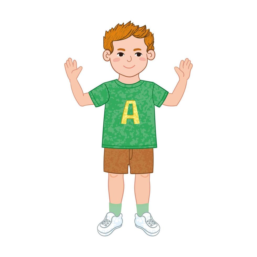 Colorful Illustration of Little Boy in Green T-shirt Isolated on White Background vector