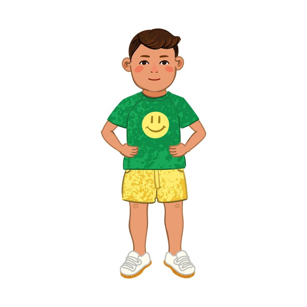 Colorful Illustration of Little Boy in Green T-shirt Isolated on White Background vector