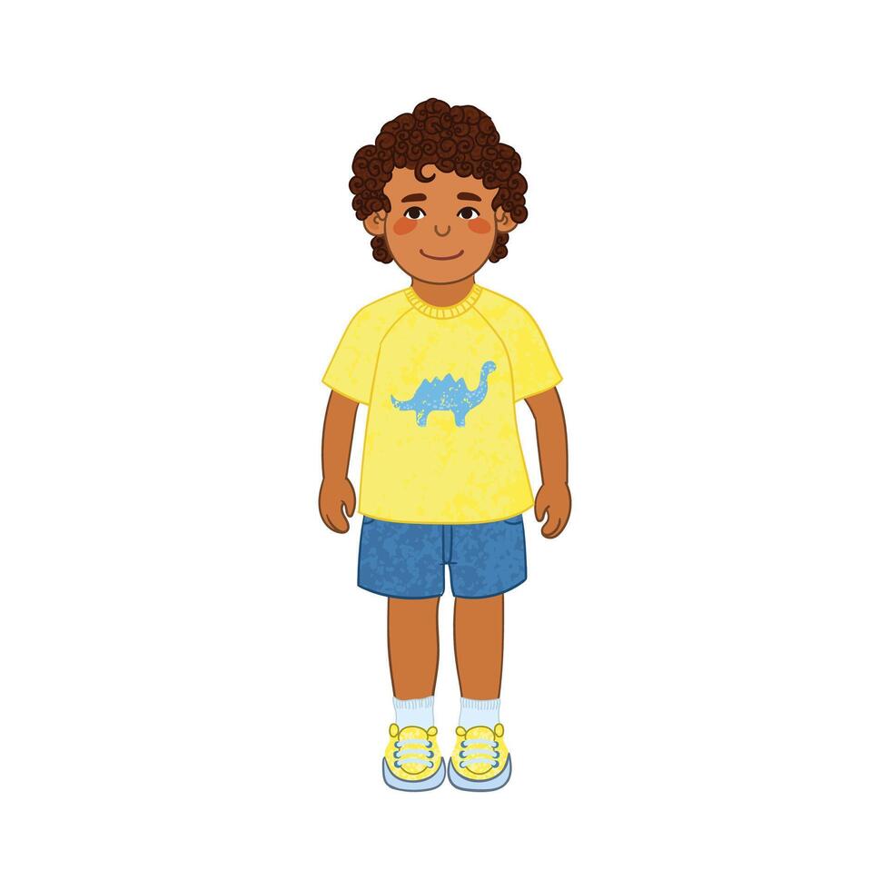 Colorful Illustration of Little Boy In Yellow T-shirt Isolated on White Background vector