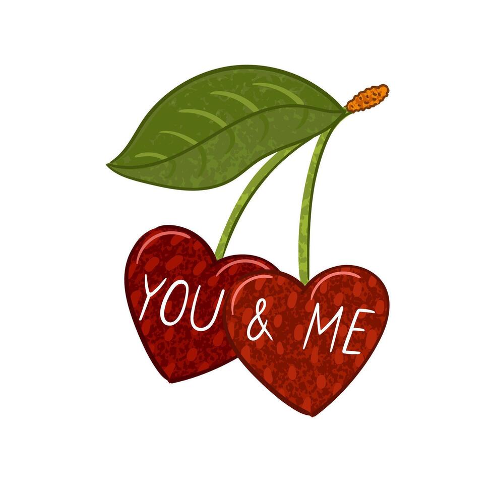 Colorful Valentines Day Illustration of Two Cherries in the Shape of a Heart with Hand Drawn Lettering - You and Me Isolated on White Background vector
