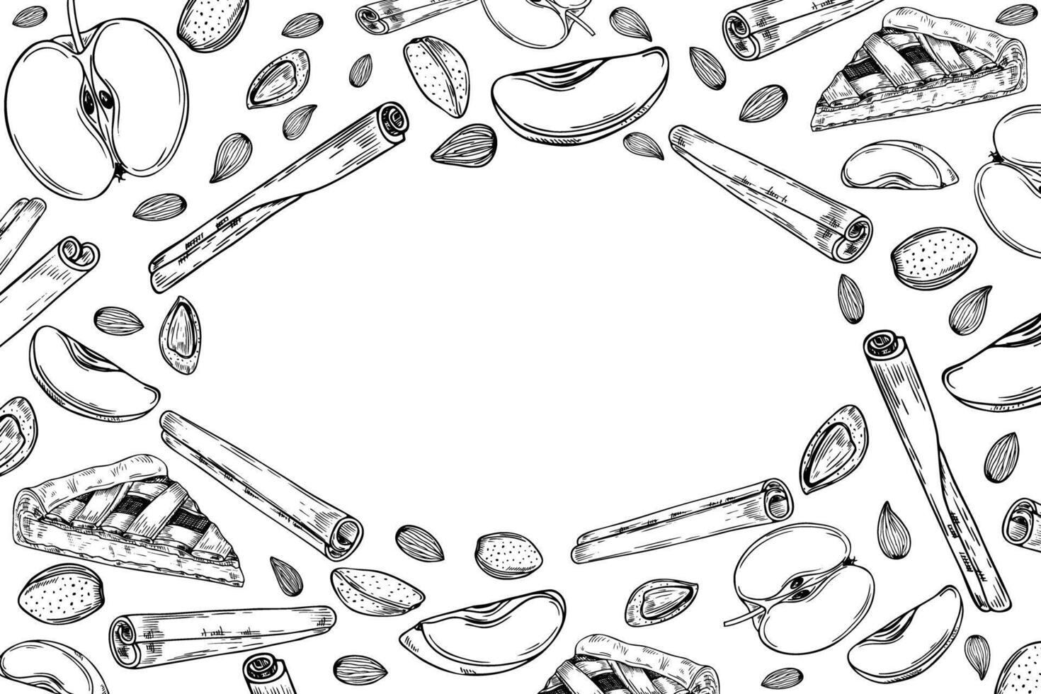 Almond, apple slice, cinnamon sticks and fruit pie slice horizontal frame with empty space. Aromatic seasoning with fresh fruits, nuts monochrome illustration hand painted by black inks for greetings vector