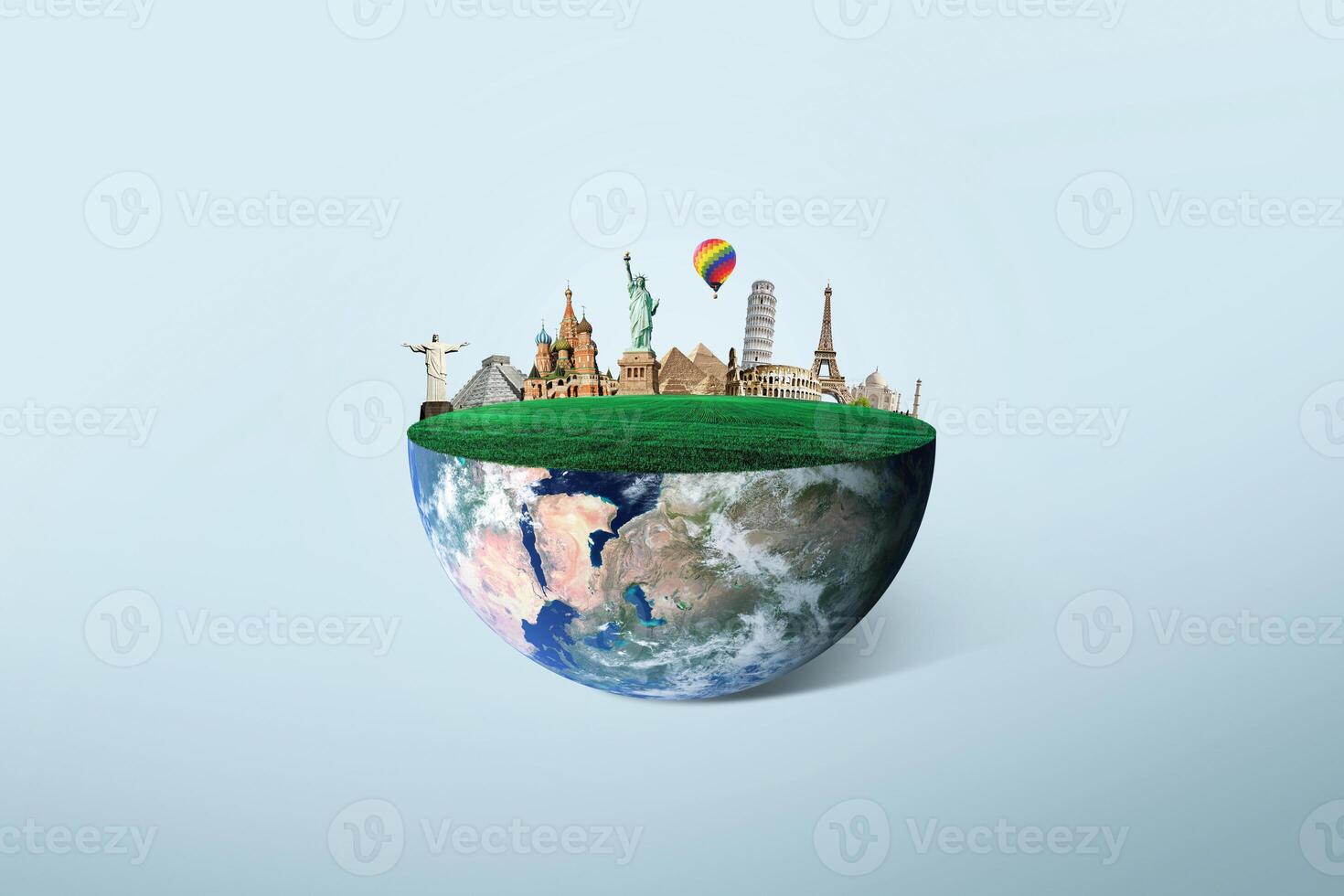 Half of the planet earth with green grass with world landmarks, concept. Travel on planet earth, creative idea. Trip adventure photo