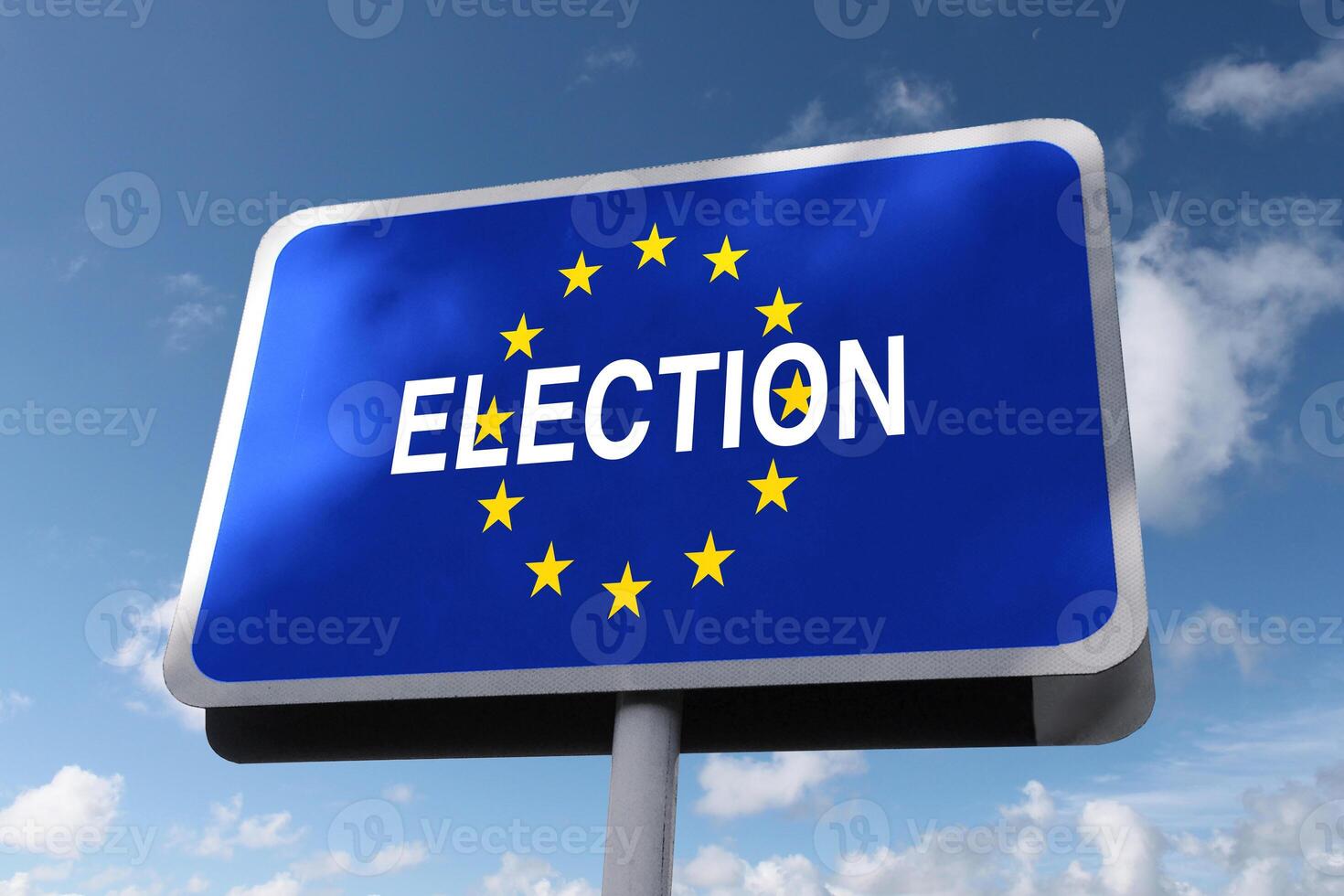 Road sign Europe Elections on a blue sky with clouds. Elections and freedom, creativity photo