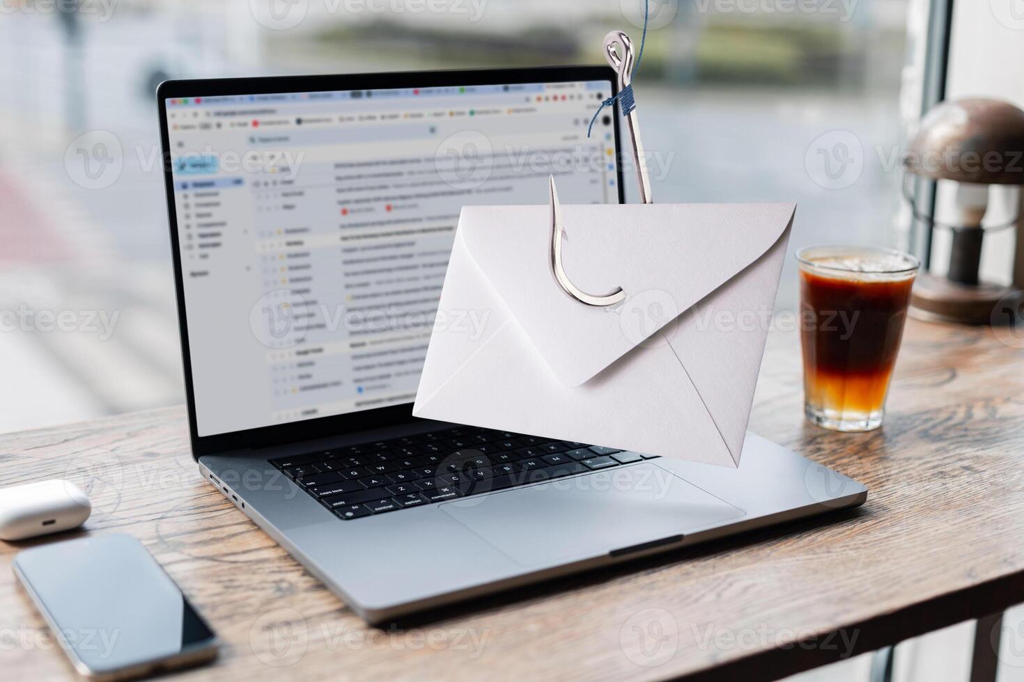Notification message spam on hook, virus concept. Mail came to laptop from display. Phishing, creative idea. Personal data theft. Mailing and marketing. Phishing and hacker attack via email. photo