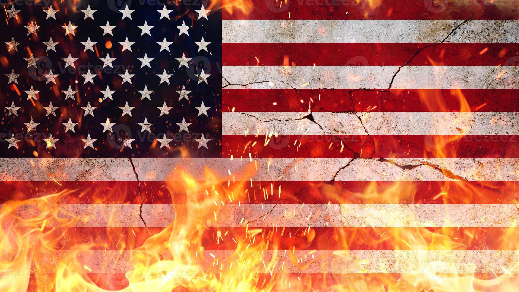 American flag on fire with flames and sparks on cracked concrete wall. Revolution, concept. Freedom and patriotism. Economic crisis, creative. photo