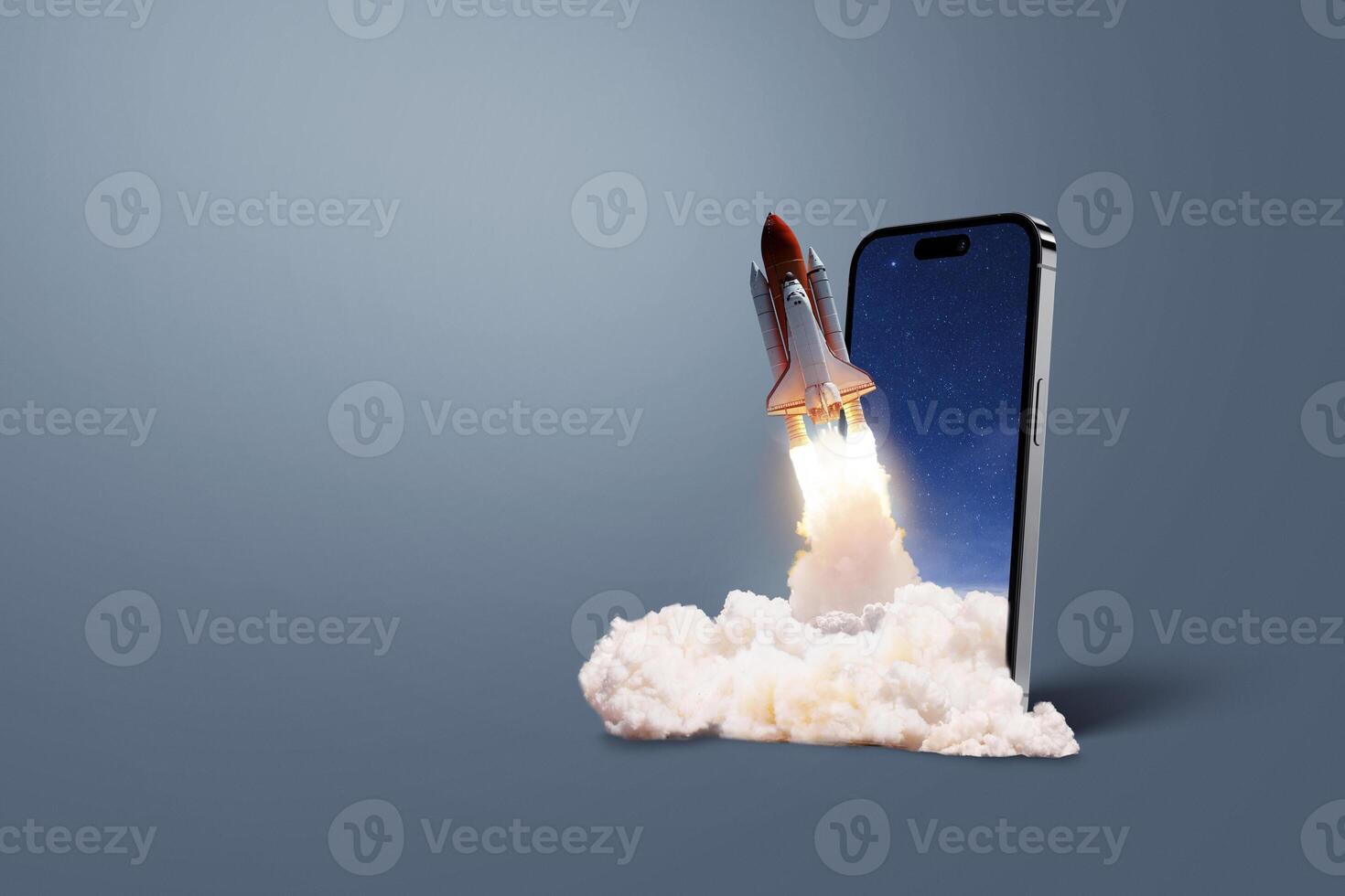Smartphone with a rocket taking off with smoke and blast on a dark background, concept. Start up and launch, creative idea. Application and promotion. Marketing. Space shuttle lift off. Optimization photo