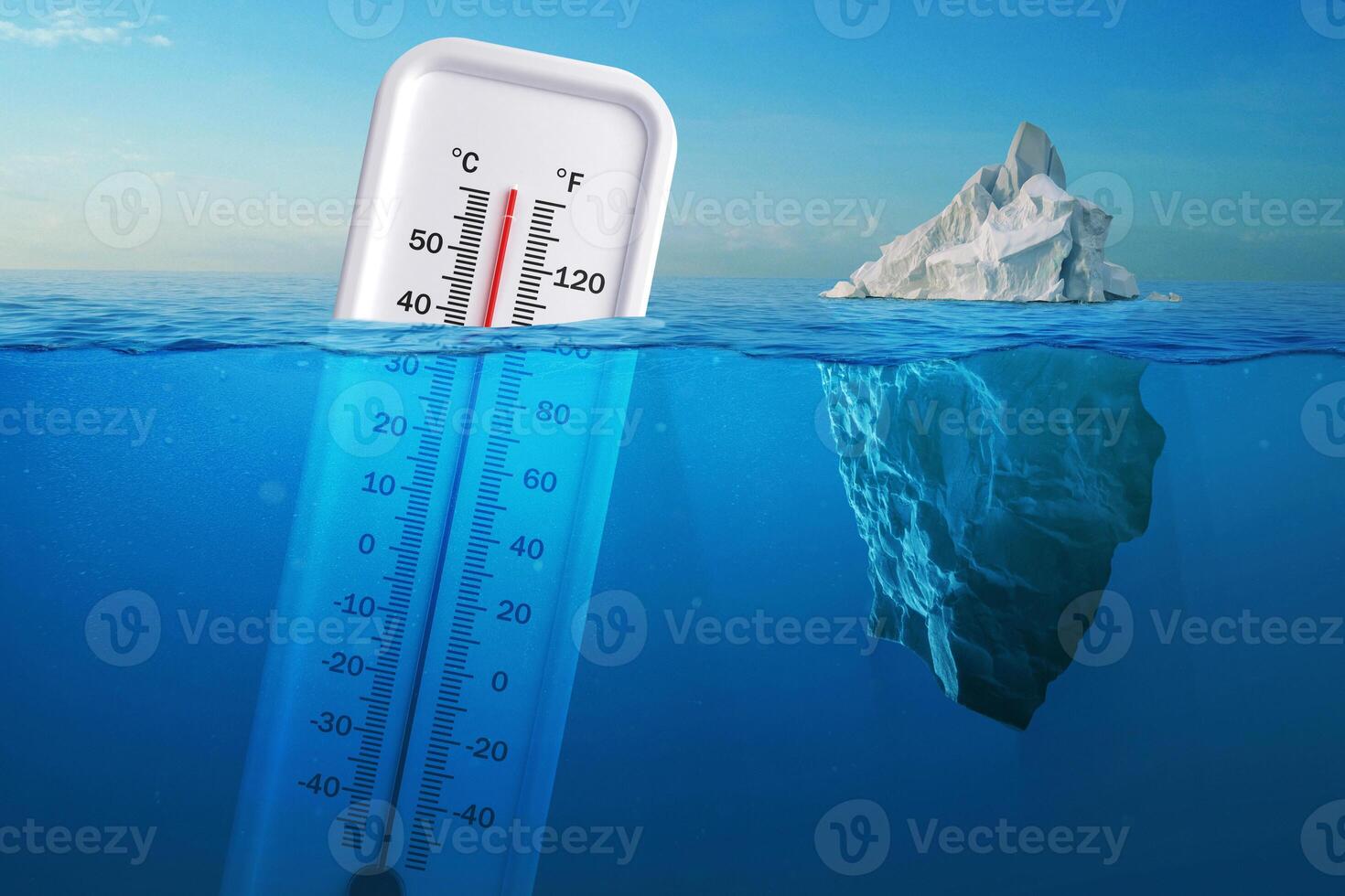Iceberg in clear blue water and hidden danger under water. Global Warming Concept. Floating ice and a thermometer with a high temperature in ocean. Abnormal heat, concept. Warming, creative idea photo