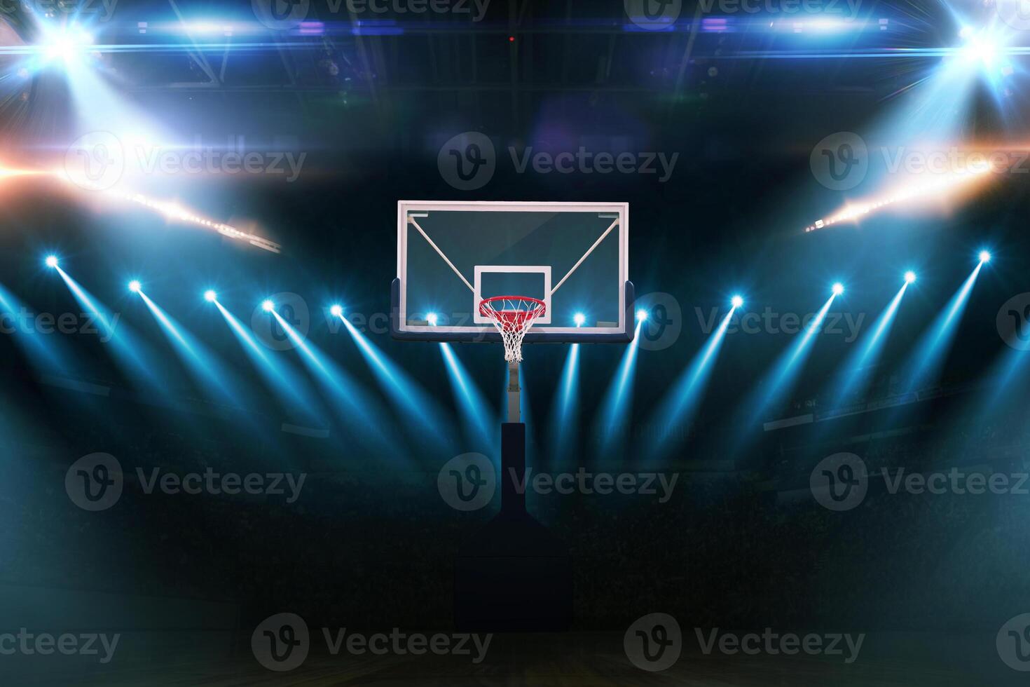 Basketball Championship. Modern Basketball Arena with Rings with Spotlights, Creative Idea. Tournament and Win. Basketball game with full hall of fans on dark background photo