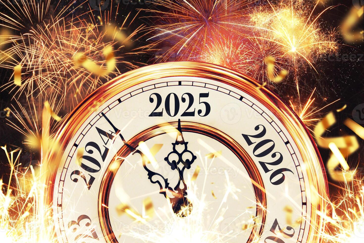 Vintage gold clock hands pointing to New Year 2025 with confetti and fireworks, creative idea. Merry Christmas and New Year card. Holiday countdown. Start of the New Year photo