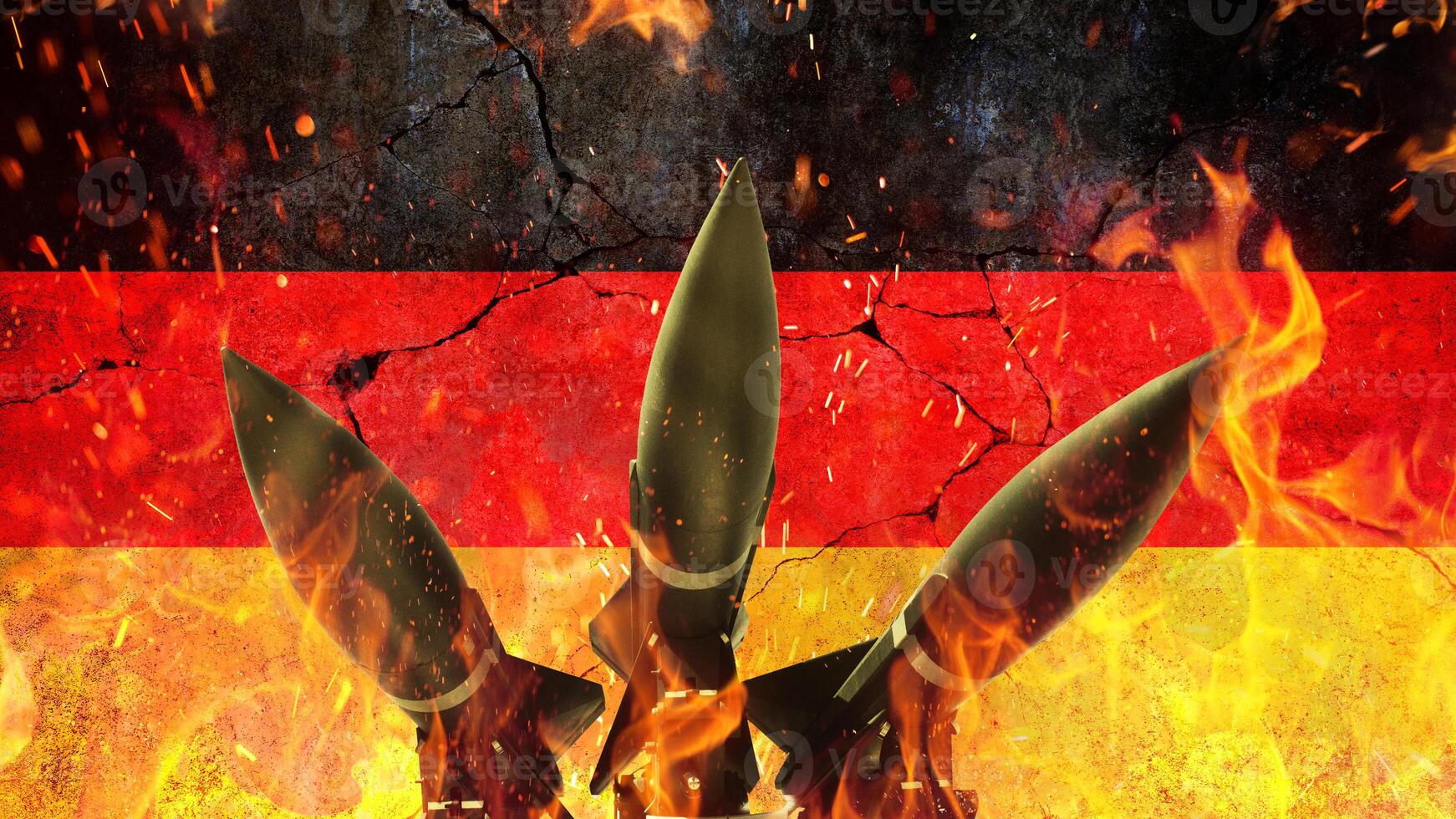 Rockets on fire against the backdrop of the Germany flag on a cracked concrete wall. War in Europe. Rockets weapons with fire on a black background, concept. War and death. World War 3. Nuclear War, photo