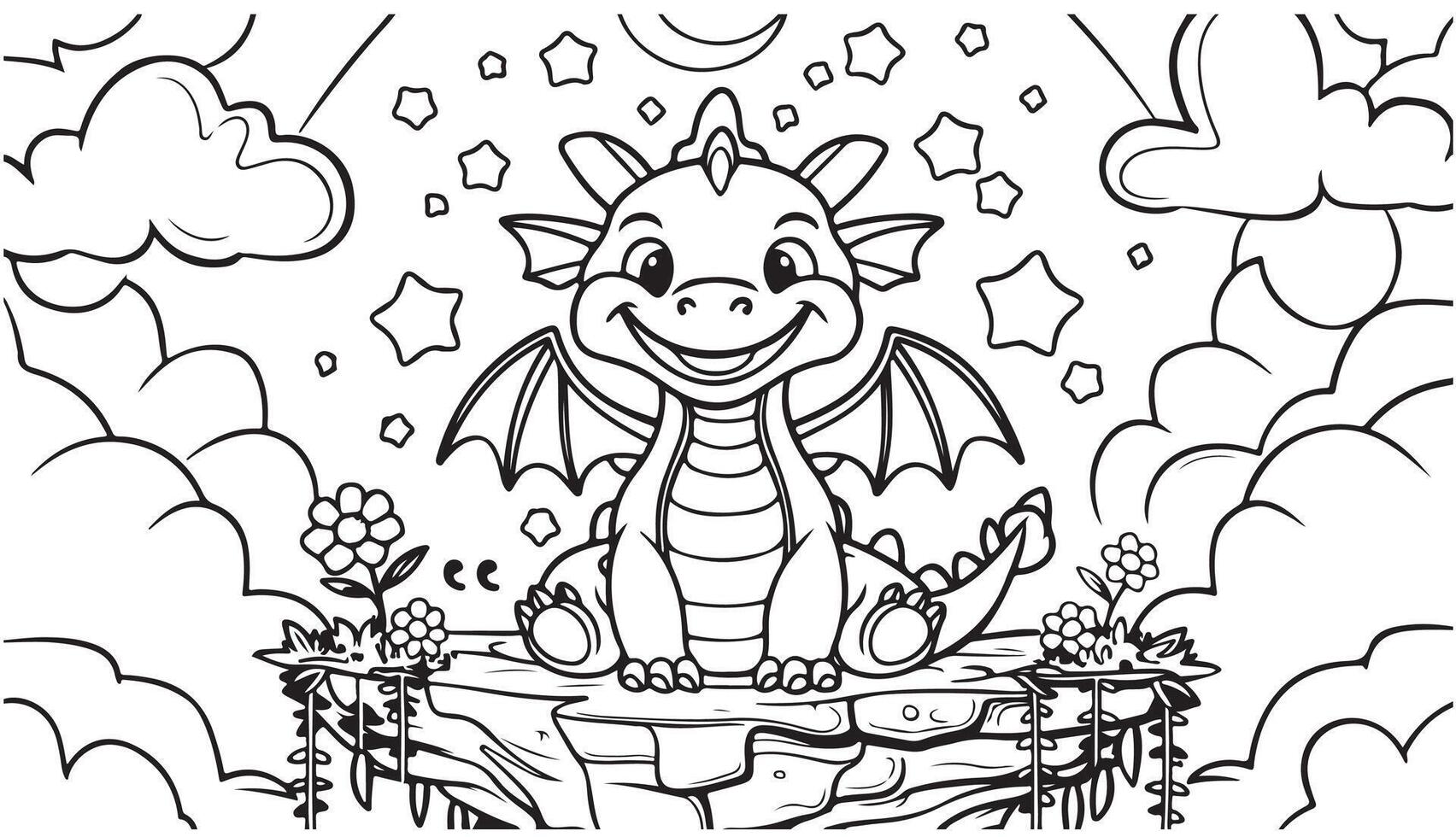 Adorable Dragon Coloring Page with Bold Line Art and Whimsical Elements vector
