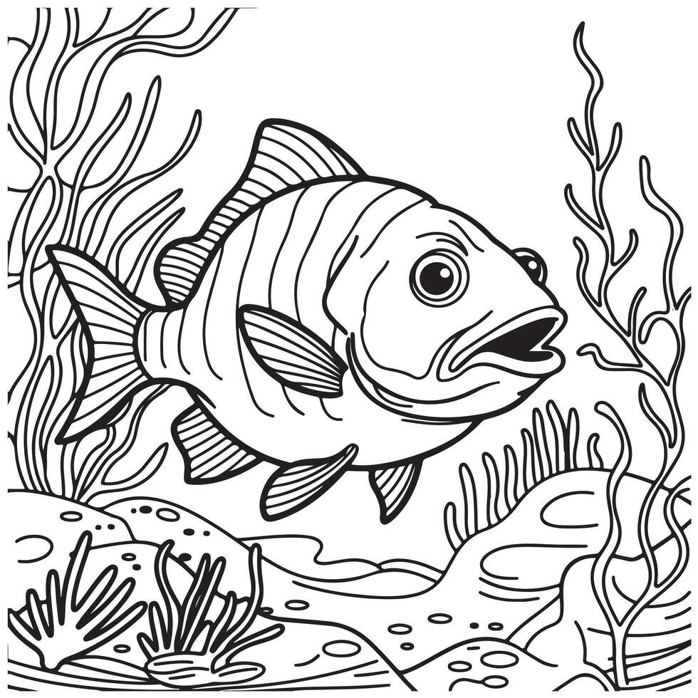 Black and White Line Drawing of a Fish in a Minimalistic Underwater Scene vector