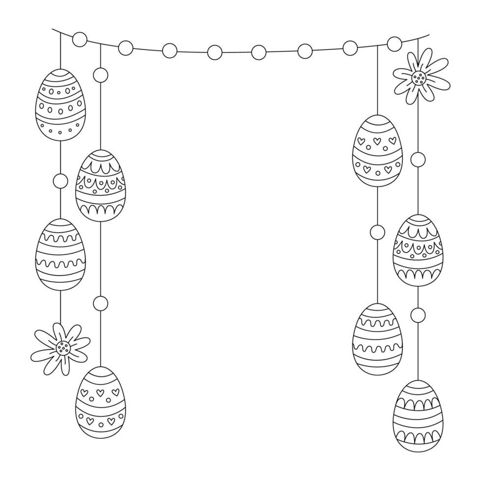 Festive vertical Easter garland illustration with decorated eggs and flowers. Illustration in hand drawn doodle style, black outline. Perfect for greeting cards, invitations, coloring books vector