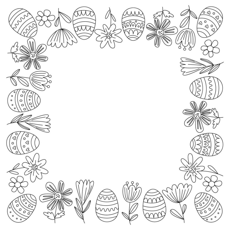 Easter square frame with decorated eggs and flowers. Illustration in hand drawn doodle style, black outline. Perfect for greeting cards, invitations, coloring vector