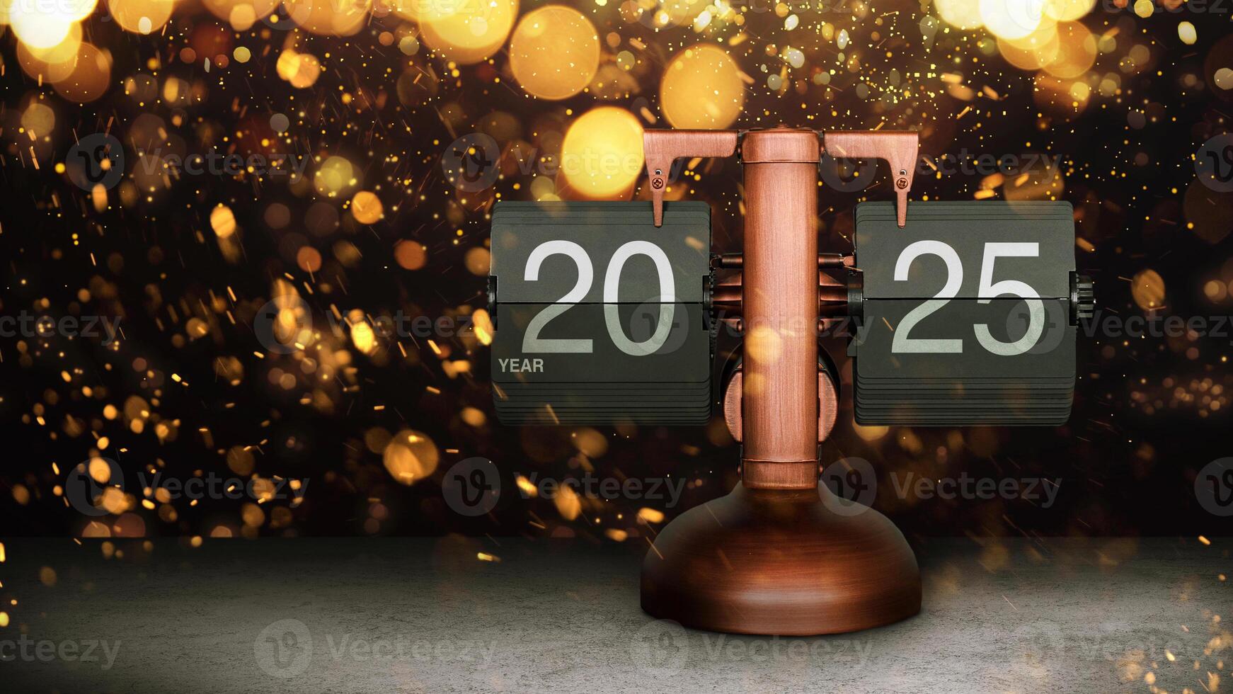 Vintage flip clock shows year 2025 on dark bokeh background with golden fireworks and lights. New Year 2025 card. Celebration of New Year photo