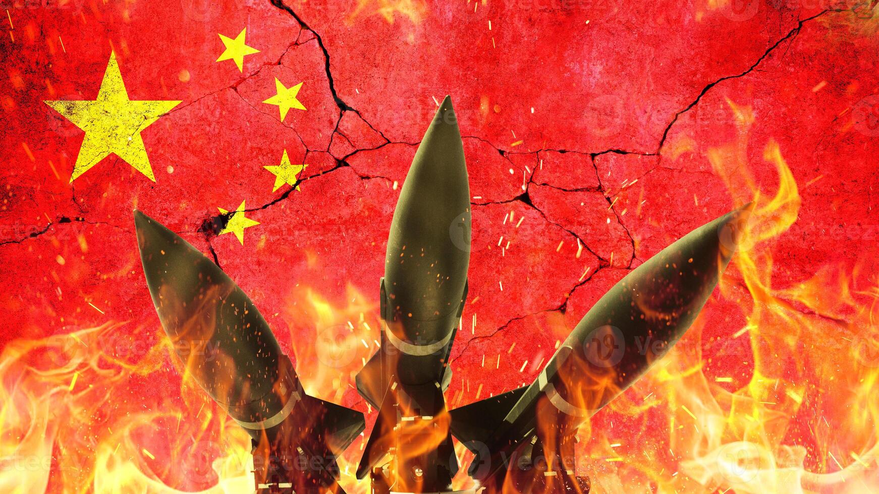 Rockets on fire against the backdrop of the Chinese flag on a cracked concrete wall. War in China. Rockets weapons with fire on a black background, concept. War and death. World War 3. Nuclear War photo