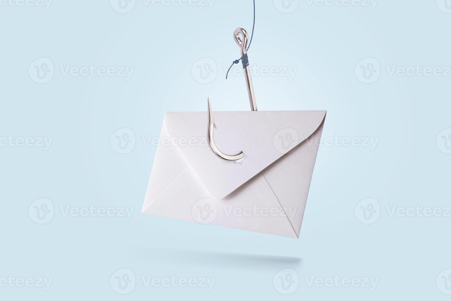 Paper mail letter with metal hook on blue pastel background, concept. Phishing and hacker attack via email, creative idea. Hackers and spam mailing. Data theft. Trap and deception photo