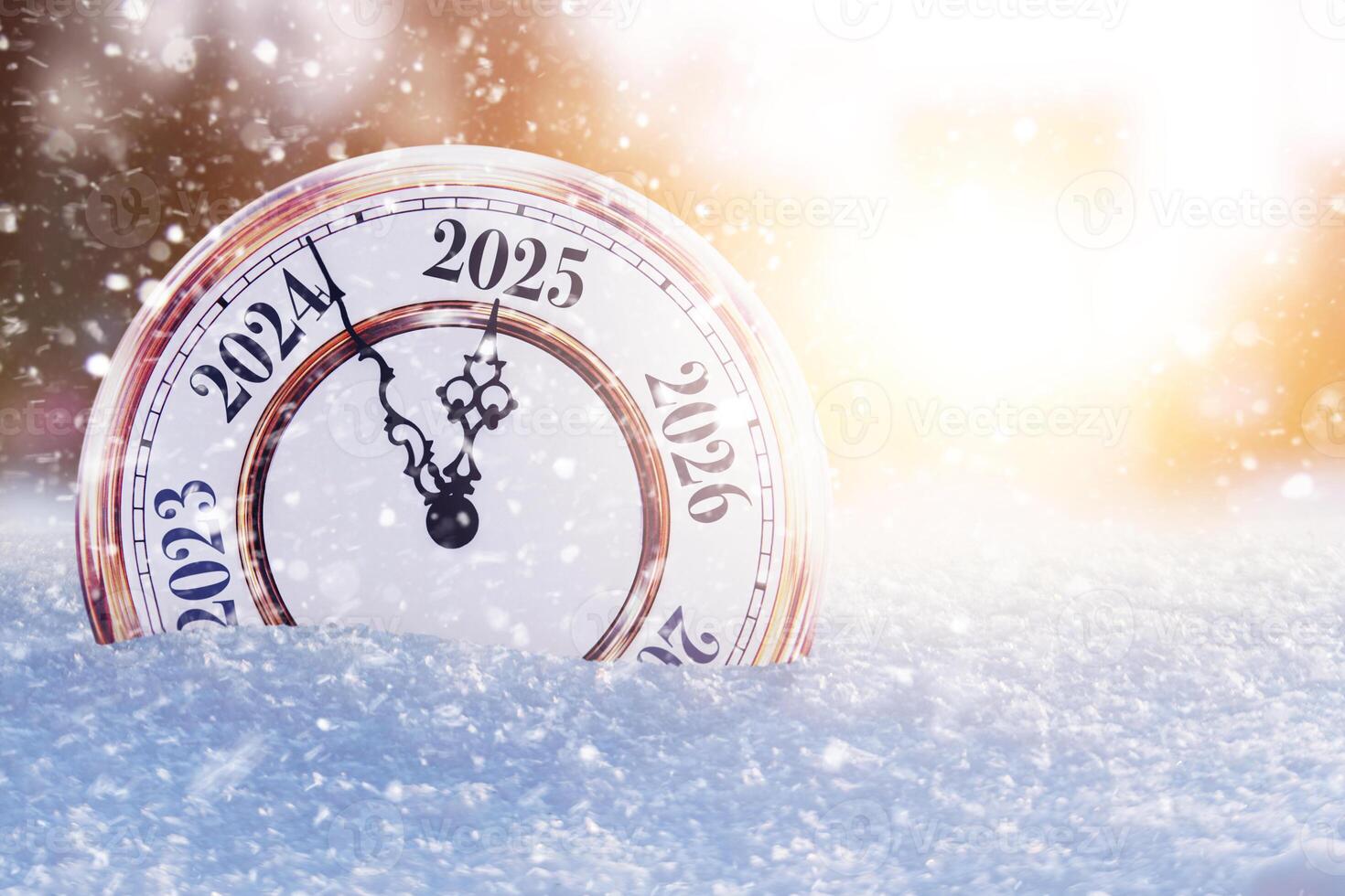 Vintage clock in the snow and points to the new year 2025. Beautiful winter background with sunset and lights. New Year and Christmas Countdown, creative idea. photo