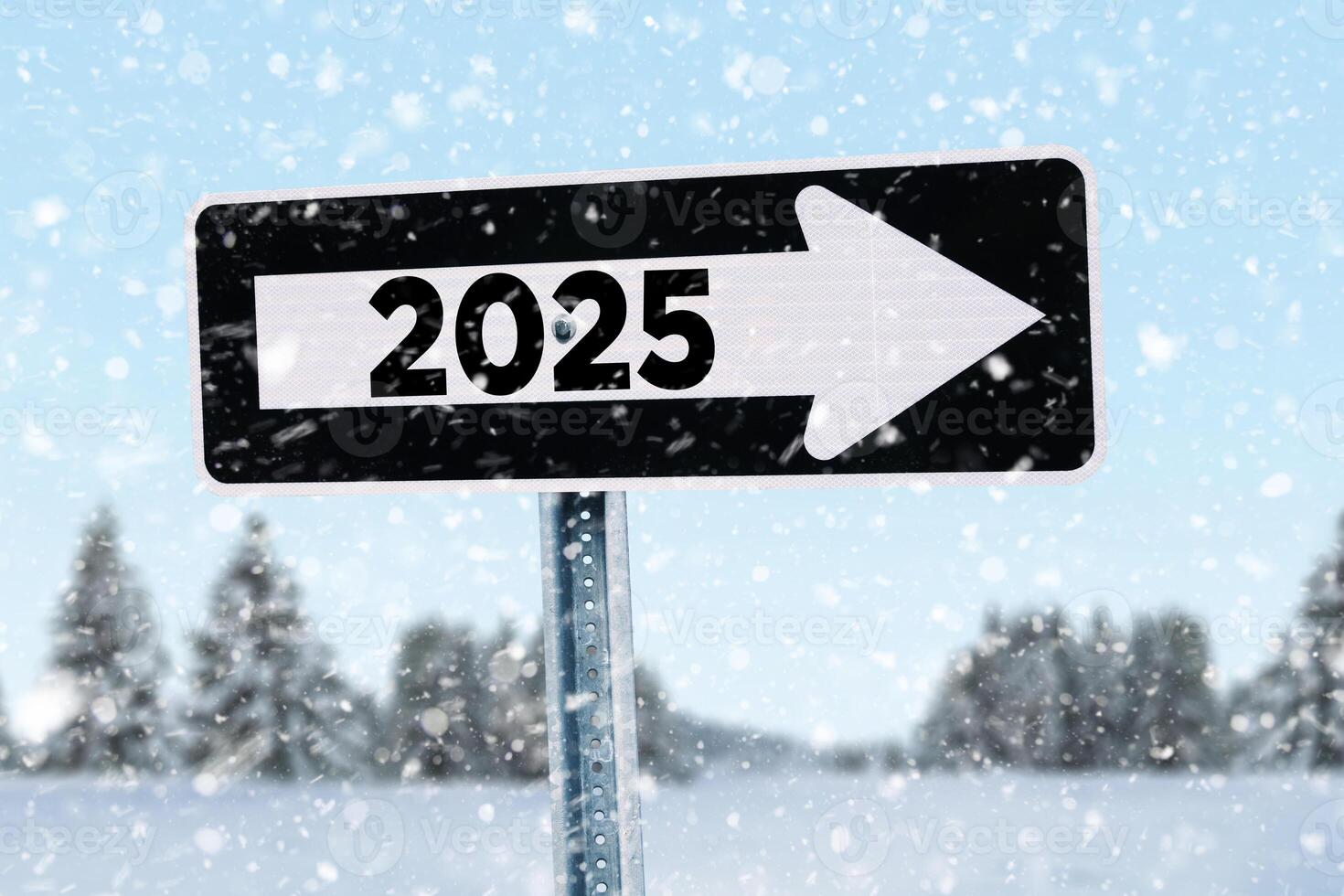 Sign 2025 path in winter landscape with snow. Journey 2025, concept. Creative idea for 2025 photo