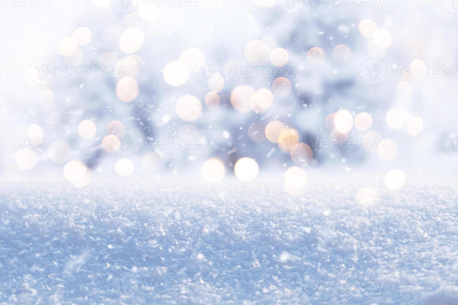 Winter snow background with snow. Close up white snow with bokeh lights. Winter concept wallpaper. Free copy space for text and design photo
