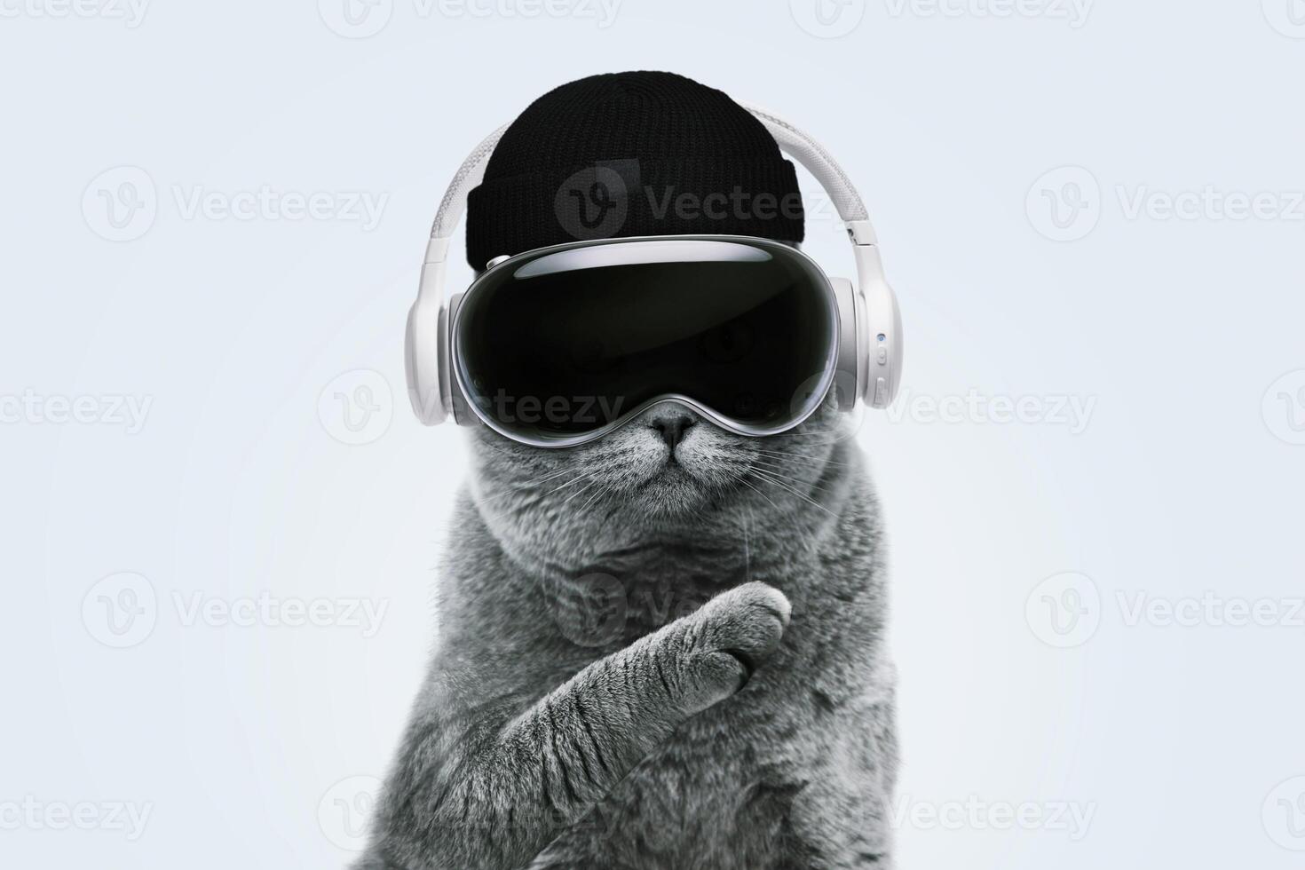 Beautiful funny hipster cat with virtual reality glasses, knitted fashion hat and headphones stands and using revolutionary technology on a blue pastel background. Modern gadget and pet, creative idea photo