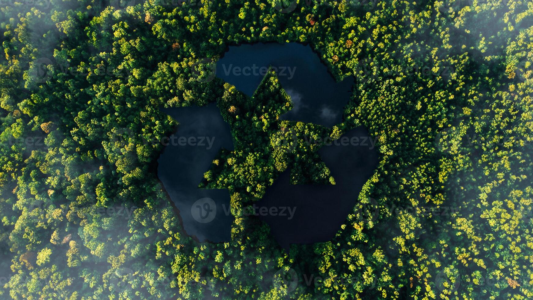 Beautiful green forest with a lake and a recycling sign, bird's eye view. Ecology, concept. Save the forest and recycle, creative idea photo