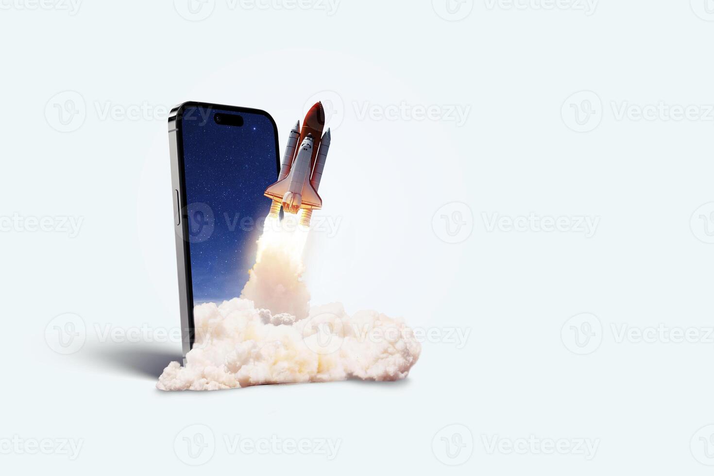Space rocket takes off from mobile device with smoke, creative idea. Application and optimization, concept. Acceleration and successful startup. Launch photo