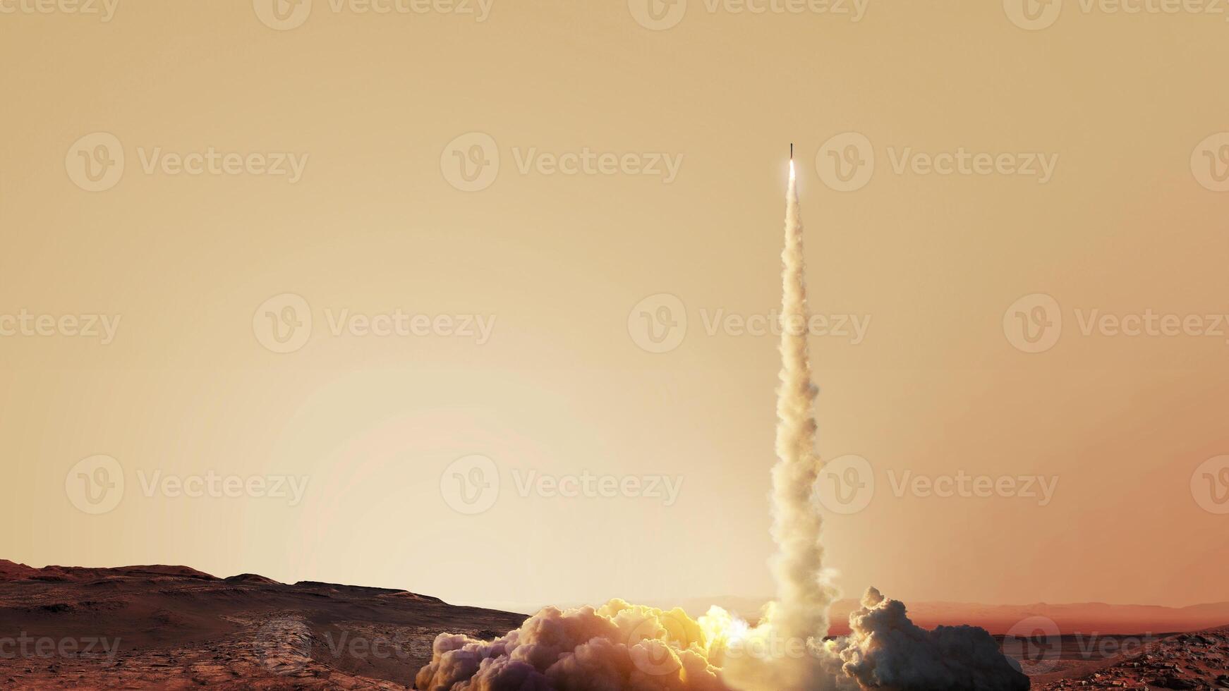 Spaceship rocket takes off with smoke and blast on the red planet Mars. Mars space mission, creative idea. Successful rocket launch to Mars photo