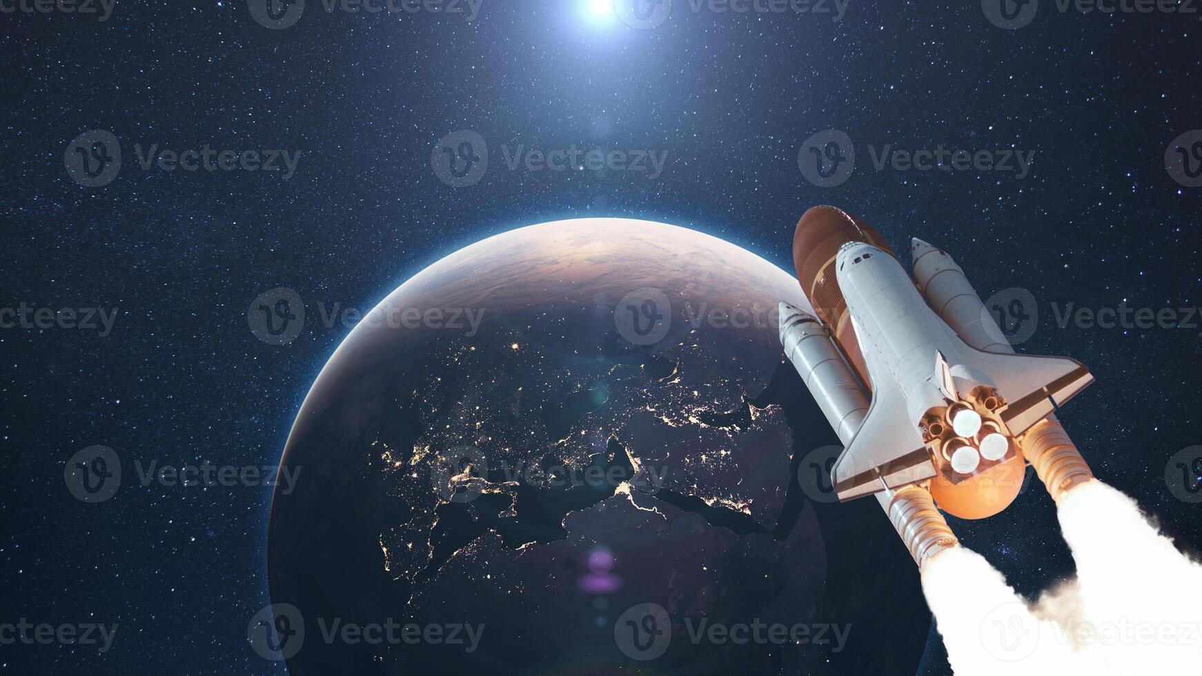 Rocket lift off. Space shuttle with smoke and blast takes off into space on a background of blue planet earth with amazing sunset. Successful start of a space mission. Travel to Mars photo