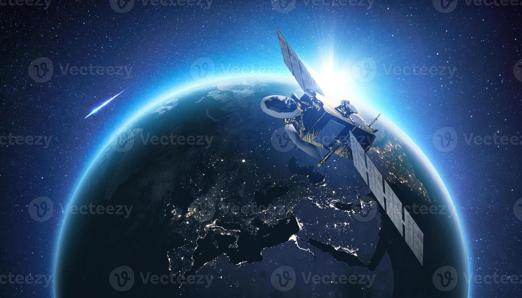 Amazing beautiful blue planet earth with satellite at sunset view from space. Horizon Earth with the lights of night cities. Communication and Telecommunications. Broadcasting. photo