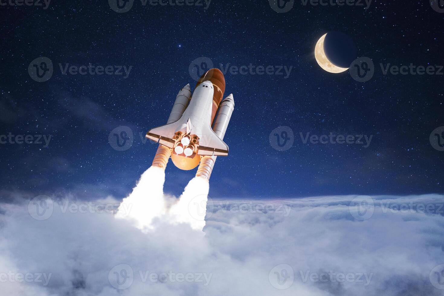 Space shuttle rocket successfully takes off through the clouds towards the moon in the starry sky, creative idea. Journey to the moon, concept. Rocket lift off and launch photo