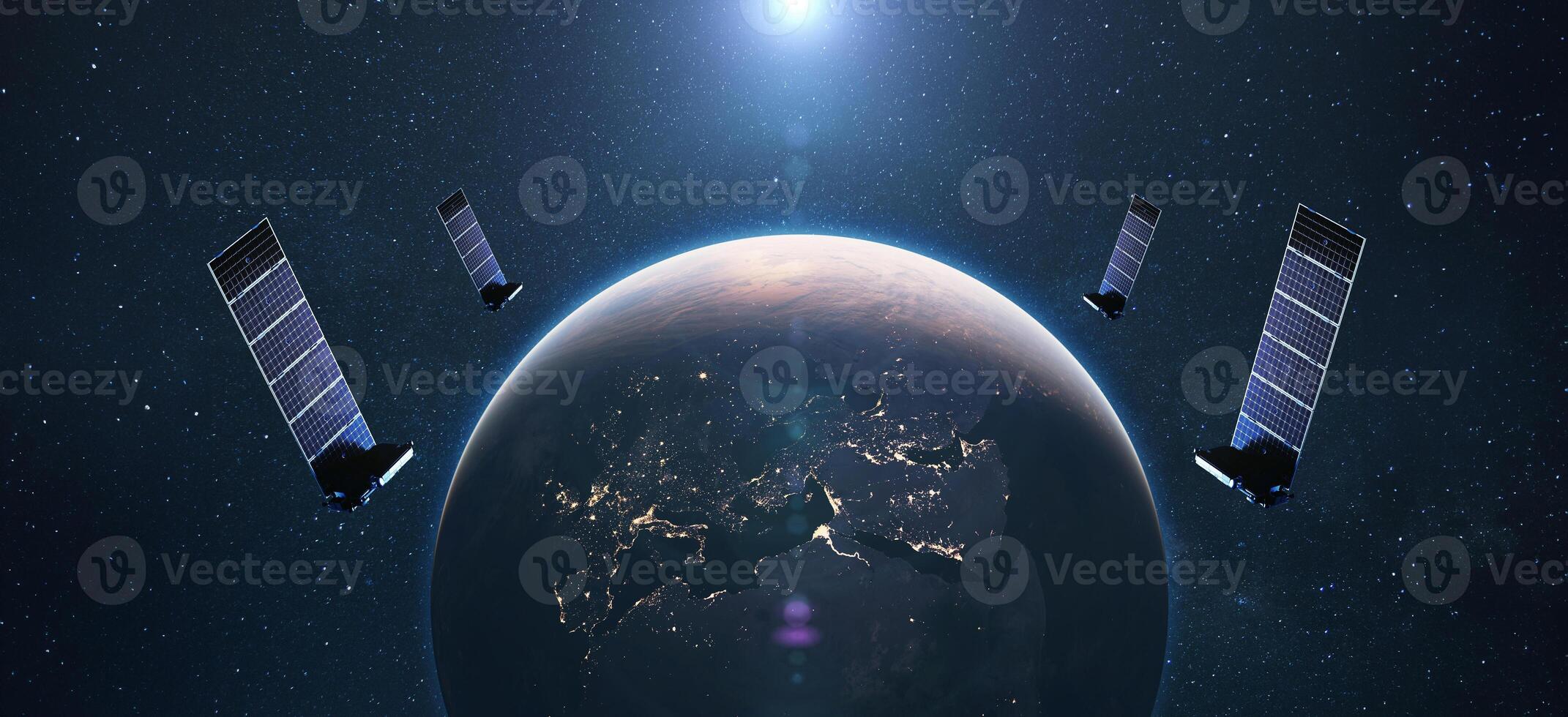 Satellites in orbit of planet Earth with the lights of the night cities of Europe. satellite internet connection. photo